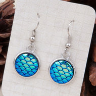 Blue Mermaid Scale Silver-Tone Resin Earrings