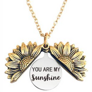 Sunflower Necklace with hidden “You are my Sunshine” message. Available in Antique Gold Tone, Antique Rose Gold, Antique Silver and Multicolor