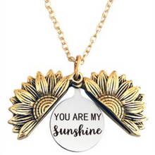 Load image into Gallery viewer, Sunflower Necklace with hidden “You are my Sunshine” message. Available in Antique Gold Tone, Antique Rose Gold, Antique Silver and Multicolor
