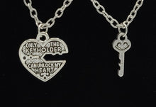 Load image into Gallery viewer, Couples Heart &amp; Key Necklace Set “Only the Keyholder can unlock my heart”
