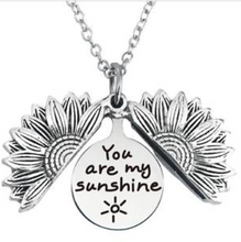 Load image into Gallery viewer, Sunflower Necklace with hidden “You are my Sunshine” message. Available in Antique Gold Tone, Antique Rose Gold, Antique Silver and Multicolor
