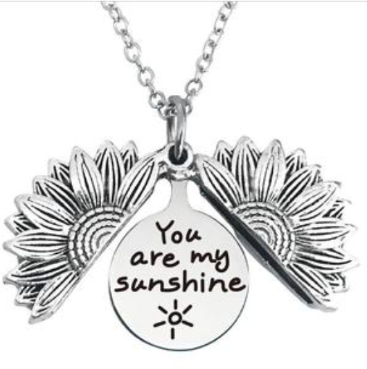 Sunflower Necklace with hidden “You are my Sunshine” message. Available in Antique Gold Tone, Antique Rose Gold, Antique Silver and Multicolor