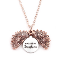 Load image into Gallery viewer, Sunflower Necklace with hidden “You are my Sunshine” message. Available in Antique Gold Tone, Antique Rose Gold, Antique Silver and Multicolor
